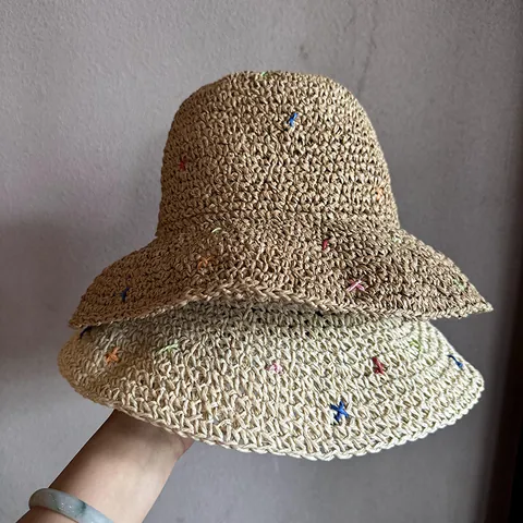 Cappello da Sole in Paglia di Carta Intrecciato a Mano con Ricamo a Punto Croce Colorato Falda Larga Pieghevole da Spiaggia