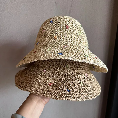 Cappello da Sole in Paglia di Carta Intrecciato a Mano con Ricamo a Punto Croce Colorato Falda Larga Pieghevole da Spiaggia