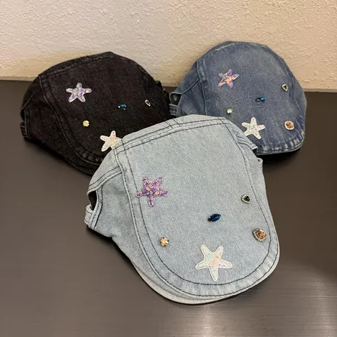 Gorra de Plato Vintage de Mezclilla para Mujer con Lentejuelas de Estrella Gorra de Repartidor de Periódicos de Algodón Lavado con Diamantes de Imitación Coloridos Sombrero de Pintor de Estilo Británico