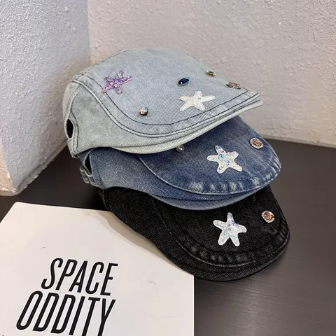 Gorra de Plato Vintage de Mezclilla para Mujer con Lentejuelas de Estrella Gorra de Repartidor de Periódicos de Algodón Lavado con Diamantes de Imitación Coloridos Sombrero de Pintor de Estilo Británico