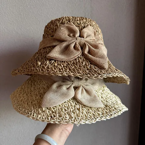 Women Foldable Paper Straw Sun Hat Big Brim Beach Vacation Bow Decor Breathable Fashionable Summer Sunshade Cap For Ladies