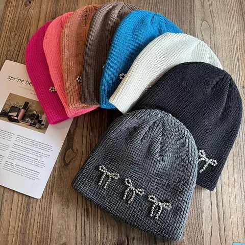 Women's Beaded Bow Ribbed Knitted Beanie Soft Acrylic Warm Winter Hat For Autumn Daily Casual Fashionable Solid Color Skull Cap