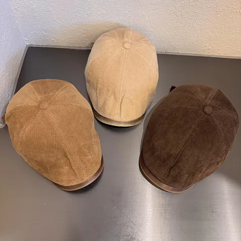 Retro Corduroy Newsboy Cap With PU Leather Brim Men Women Vintage Adjustable Solid Color Warm Flat Cap Winter Beret Hat
