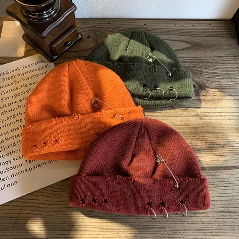 Distressed Punk Beanie With Metal Rings And Safety Pin Streetwear Hip Hop Acrylic Knit Hat For Men Women Warm Skull Cap