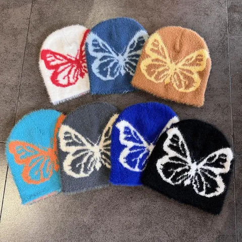Damen Nerzimitat Schmetterling Strickmütze Y2K Korean Style Winter Warme Beanie Plüsch Fashion Headwear Outdoor Mütze