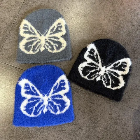 Damen Nerzimitat Schmetterling Strickmütze Y2K Korean Style Winter Warme Beanie Plüsch Fashion Headwear Outdoor Mütze