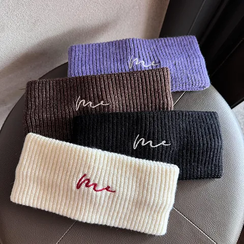 Women Knitted Elastic Headband Ribbed Wide Hair Band With Letter Embroidery Warm Sports Yoga Face Wash Hair Accessory