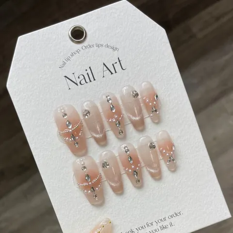 Handmade Blush Cat Eye Press On Nails With Pearls Rhinestones Coffin Shape Gradient Nude Pink Reusable False Nails For Women
