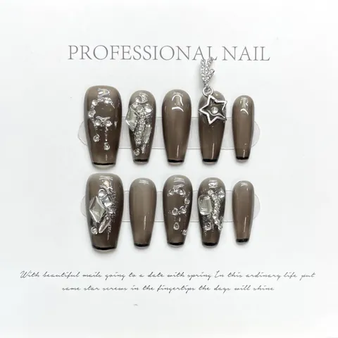 Faux Ongles à Coller Français Noir Transparent Faits à la Main Avec Pendentif Étoile Argent Strass Résine Coffin Longs pour Femme Bijoux