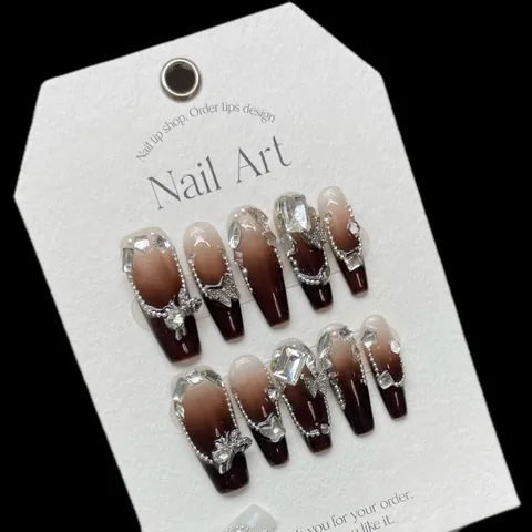 Women Handmade Ombre Coffee Press On Nails Rhinestone Butterfly Charms Dark Style Luxury Decorative False Nails For Daily Party