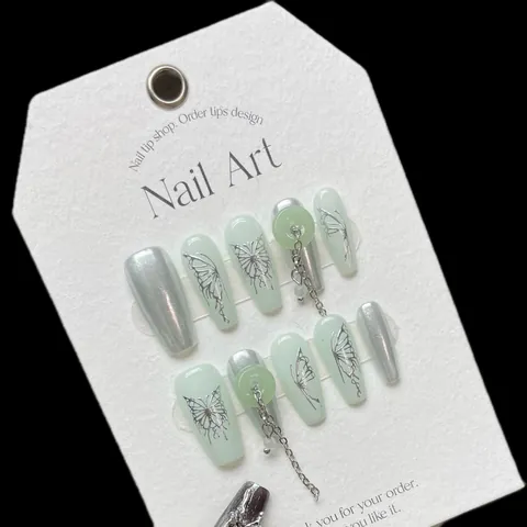 Uñas Postizas Hechas a Mano Verde Menta Claro Plata Espejo Con Cadena de Metal Patrón de Mariposa Estilo Chino de Lujo Para Mujer