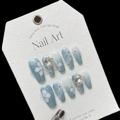 Uñas Postizas De Lujo Hechas A Mano 3D Margarita Degradado Azul Blanco Purpurina Strass Para Mujer Uñas Postizas Con Decoración De Flores Y Lazos