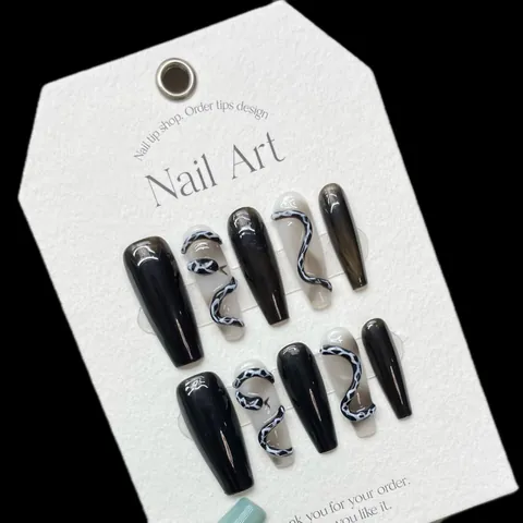 Uñas Postizas de Ataúd Hechas a Mano Diseño de Serpiente 3D Patrón de Tinta de Mármol Negro Estilo Dark Cool Decoración de Uñas para Mujer