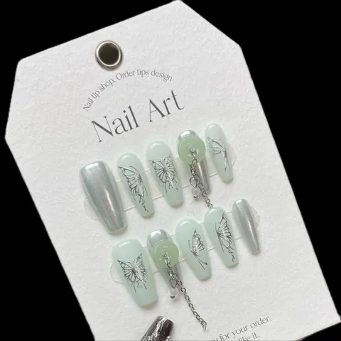 Uñas Postizas Hechas a Mano Verde Menta Claro Plata Espejo Con Cadena de Metal Patrón de Mariposa Estilo Chino de Lujo Para Mujer
