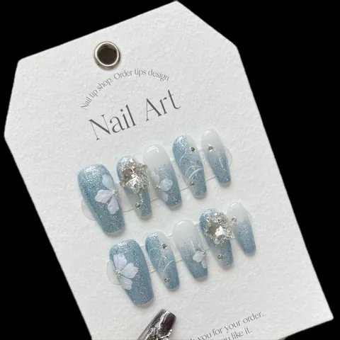 Uñas Postizas De Lujo Hechas A Mano 3D Margarita Degradado Azul Blanco Purpurina Strass Para Mujer Uñas Postizas Con Decoración De Flores Y Lazos