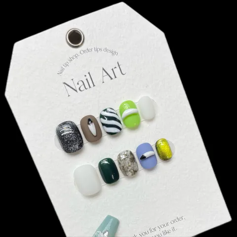 Handmade Press On Nails Mixed Graffiti 3D Cat Eye Marble Design Short Square Round Shape DIY Nail Art Decoration Women