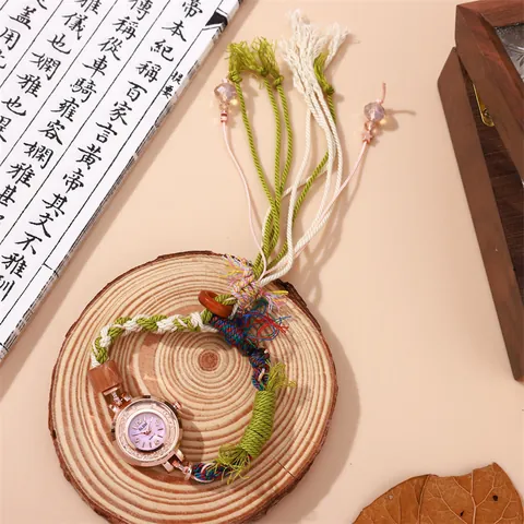 Handmade Beaded Bracelet Watch Women Vintage Woven Adjustable Strap Rhinestone Dial Tassel Decorative Quartz Wristwatch