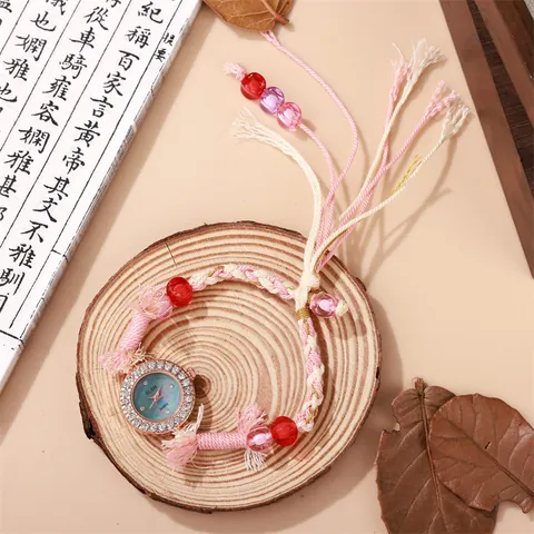 Women Bohemian Hand-woven Bracelet Watch Rhinestone Alloy Round Dial Beaded Tassel Strap Quartz Wristwatch Fashion Ethnic Decorative Watch
