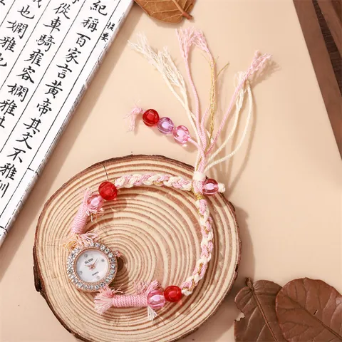 Women Bohemian Hand-woven Bracelet Watch Rhinestone Alloy Round Dial Beaded Tassel Strap Quartz Wristwatch Fashion Ethnic Decorative Watch