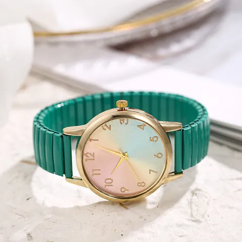 Dames Mode Quartz Horloge Gradiënt Regenboog Wijzerplaat Rekbare Metalen Elastische Band Analoge Weergave Minimalistisch Polshorloge