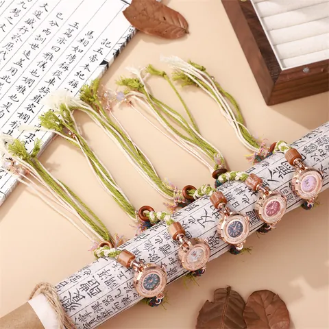 Handmade Beaded Bracelet Watch Women Vintage Woven Adjustable Strap Rhinestone Dial Tassel Decorative Quartz Wristwatch