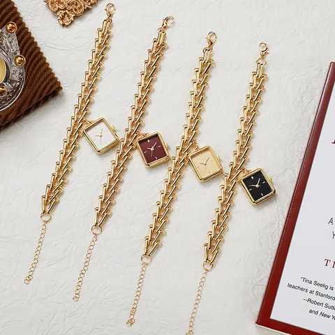 Elegant Square Dial Bracelet Watch For Women Gold Alloy Metal Chain Strap Quartz Wristwatch Vintage Fashion Jewelry Accessory