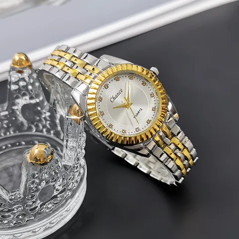 Reloj de Cuarzo Clásico para Hombre Mujer Correa de Aleación Bicolor Bisel Estriado Esfera Rayos de Sol Reloj de Pulsera Pareja