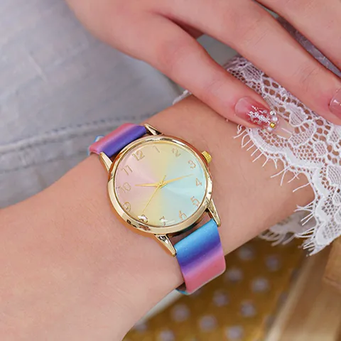 Fashion Rainbow Gradient Quartz Watch For Women Sweet Macaron Color Leather Strap Round Alloy Case Analog Wristwatch Girl Gift