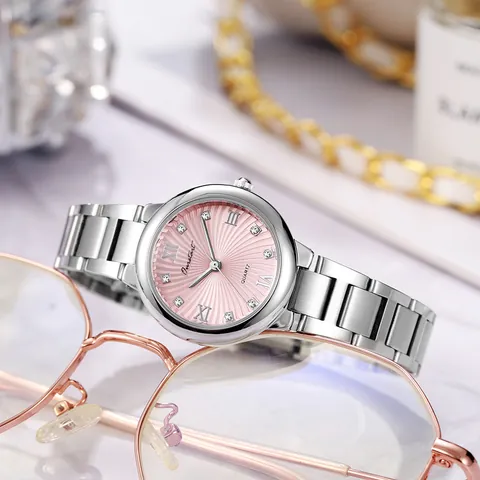 Women's Fashion Quartz Watch Stainless Steel Strap Rhinestone Roman Numerals Sunray Dial Elegant Casual Wristwatch Jewelry