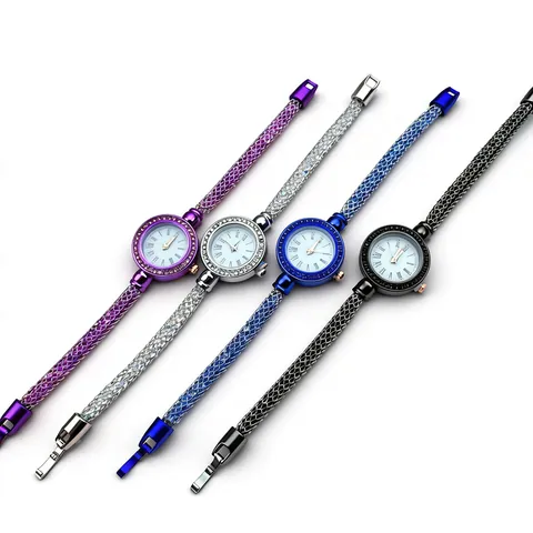 Women Fashion Quartz Watch Alloy Case Rhinestone Inlaid Stainless Steel Mesh Chain Bracelet Watch With Roman Numerals For Lady