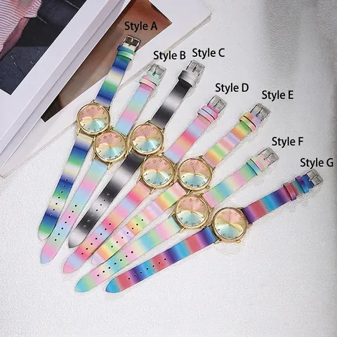 Fashion Rainbow Gradient Quartz Watch For Women Sweet Macaron Color Leather Strap Round Alloy Case Analog Wristwatch Girl Gift