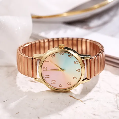 Dames Mode Quartz Horloge Gradiënt Regenboog Wijzerplaat Rekbare Metalen Elastische Band Analoge Weergave Minimalistisch Polshorloge