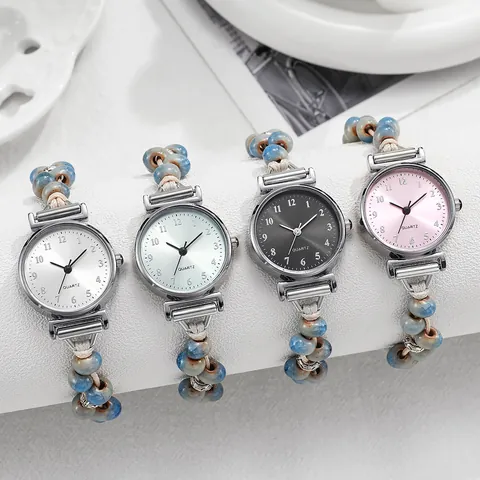 Reloj de Pulsera de Cuarzo Bohemio para Mujer Cuerda Trenzada Cuentas de Cerámica Caja Redonda de Aleación Estilo Étnico