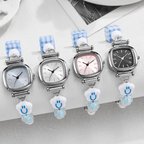 Damen Quadratische Quarzuhr Mit Geflochtenem Nylonarmband Keramikperlen Verstellbar Smiley Süß Mode Student Armbanduhr