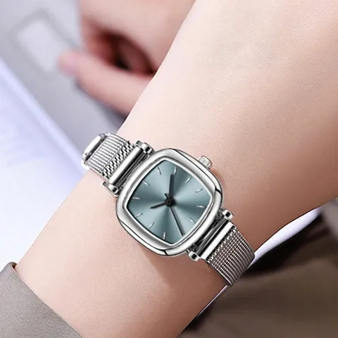 Orologio al Quarzo Quadrato Minimalista da Donna Con Cinturino in Maglia di Acciaio Inossidabile Quadrante a Raggiera Vintage Moda Donna