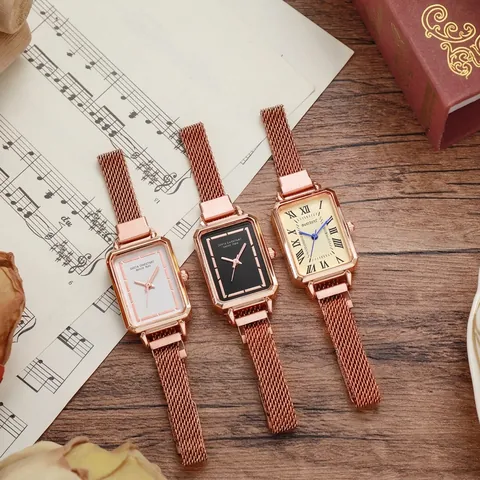 Orologio al Quarzo Rettangolare Vintage da Donna Cinturino in Maglia Milanese Oro Rosa Orologio Analogico Elegante per Signora