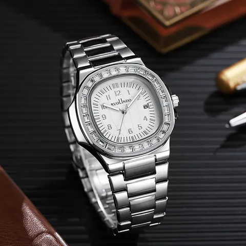Luxury Rhinestone Quartz Men's Watch Stainless Steel Strap Waterproof Luminous Date Business Casual Wristwatch