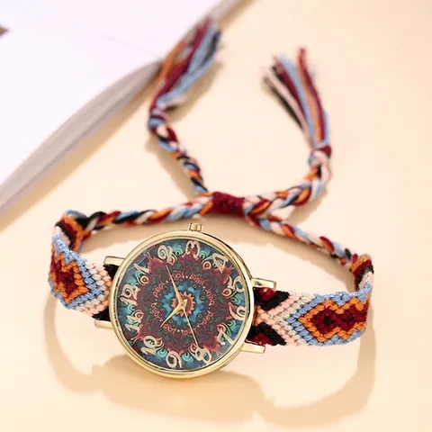 Boheems Geweven Band Horloge Voor Dames Etnische Mandala Patroon Wijzerplaat Verstelbare Handgemaakte Katoenen Touw Quartz Polshorloge Vintage