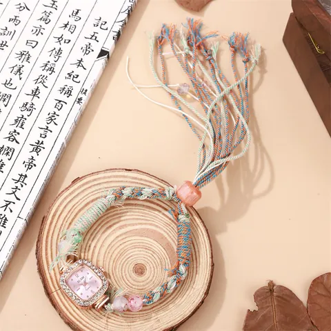 Dames Etnisch Handgemaakt Gevlochten Quartz Horloge Vierkante Wijzerplaat Met Strass Kwastje Kralen Armband Horloge Retro Boho Cadeau