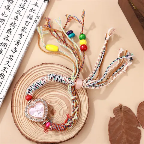 Handgemaakt Gevlochten Koord Hart Strass Horloge Dames Bohemian Etnische Stijl Gekleurde Kralen Kwastje Quartz Polshorloge Sieraden