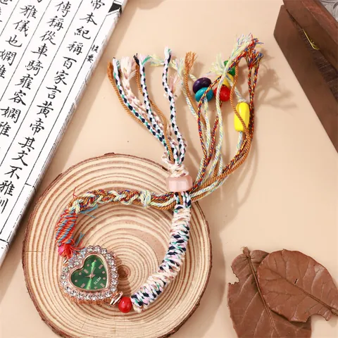 Handgemaakt Gevlochten Koord Hart Strass Horloge Dames Bohemian Etnische Stijl Gekleurde Kralen Kwastje Quartz Polshorloge Sieraden