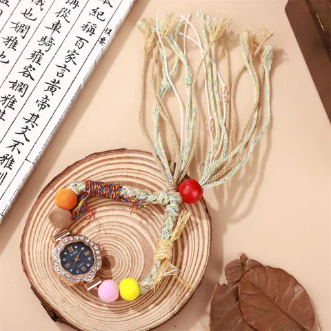 Bohemian Woven Strap Watch Women Rhinestone Alloy Flower Case Ethnic Hand Rope Beaded Adjustable Quartz Watch Jewelry Gift