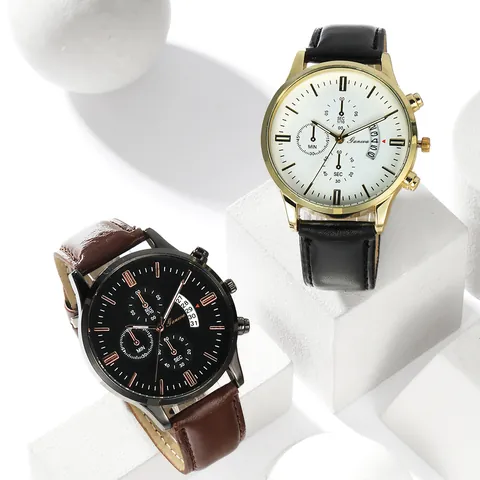 Men's Casual Business Quartz Watch With Faux Leather Strap Round Zinc Alloy Case Multi-Dial Analog Wristwatch Calendar Display