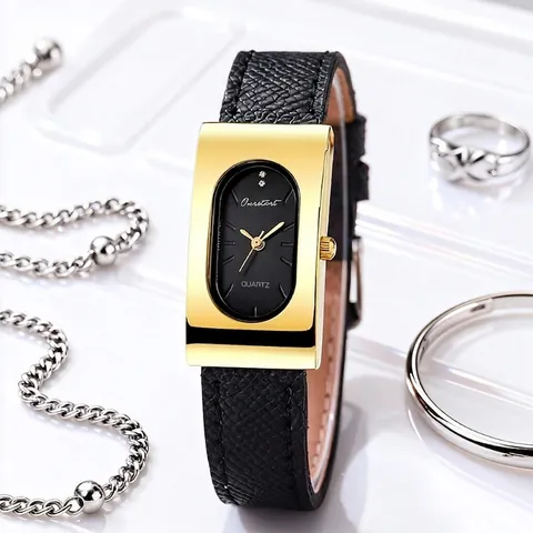 Women's Vintage Rectangular Quartz Watch Elegant Faux Leather Strap Oval Dial Analog Wristwatch Lady Fashion Jewelry Gift