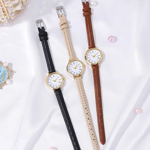 Women Vintage Minimalist Quartz Watch Round Gold Alloy Case Roman Numeral Dial Slim Faux Leather Strap Casual Wristwatch