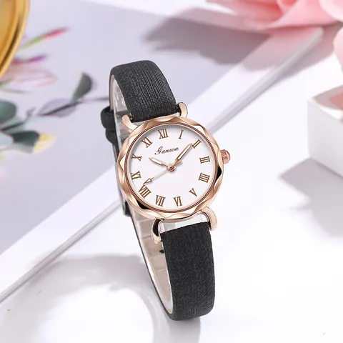 Elegante Vrouwen Minimalistisch Kwartshorloge Met Romeinse Cijfers Vintage Roségoud Kast Kunstleer Band Casual Polshorloge Voor Meisjes