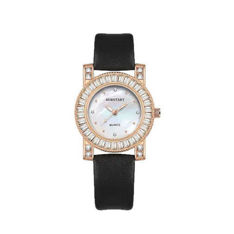 Reloj de Cuarzo para Mujer Lujo Bisel de Strass Esfera de Nácar Moda Casual Aleación Correa de Cuero Reloj de Pulsera