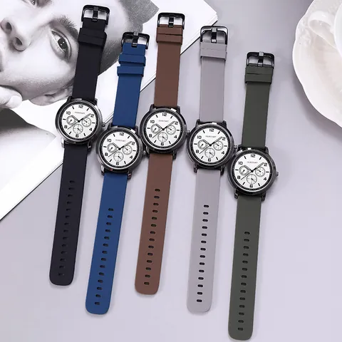 Men's Casual Quartz Watch Silicone Strap Decorative Three-Eye White Dial Arabic Numerals Minimalist Sporty Wristwatch