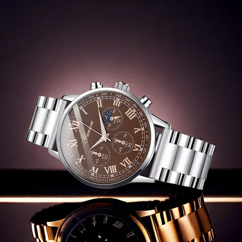 Men Business Casual Quartz Watch With Stainless Steel Strap Roman Numerals Decorative Triple Dial Fashion Alloy Wristwatch