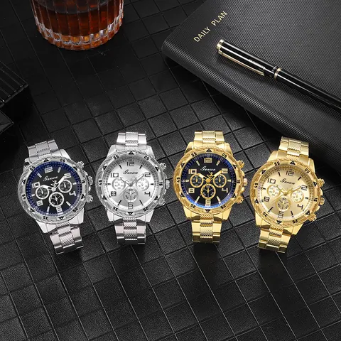 Men Business Fashion Quartz Watch Stainless Steel Strap Large Round Dial Luminous Analog Wristwatch Waterproof Gift For Men